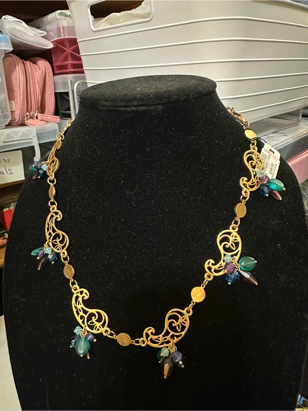 Cyrus Gold-Tone Filigree Necklace with Teal and Purple Crystal Drops